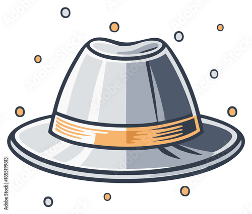 Classic gray fedora hat with orange band and falling confetti