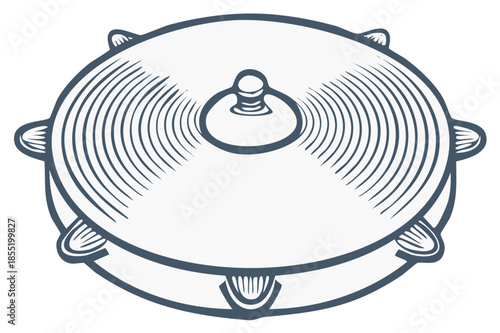 Detailed Line Art Illustration of a Tambourine Percussion Instrument with Rounded Edges