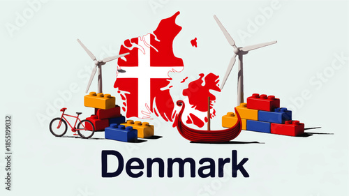 Denmark travel illustration with flag map, wind turbines, bicycle, viking ship and colorful toy bricks on light background
