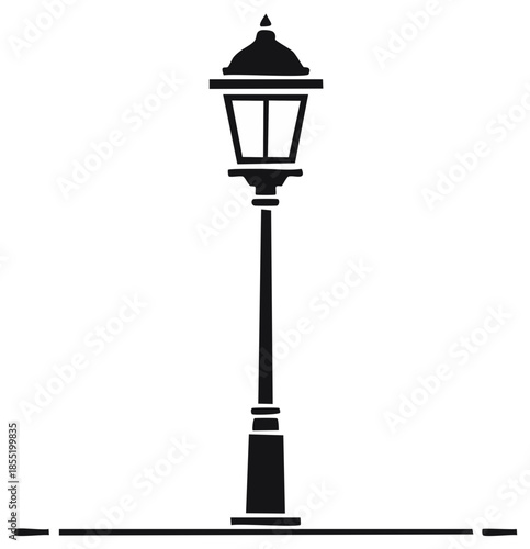 Elegant Black Silhouette of a Streetlight Classic Design with Decorative Accents and a Lamp Post Standing on a Pedestal