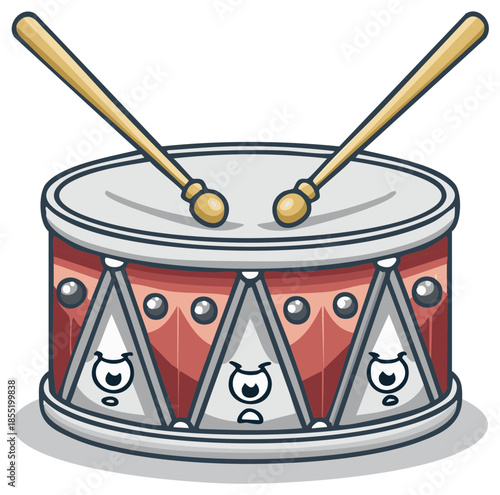Cartoon drum with crossed drumsticks. Smiling musical instrument with red body and face expression. Isolated illustration.