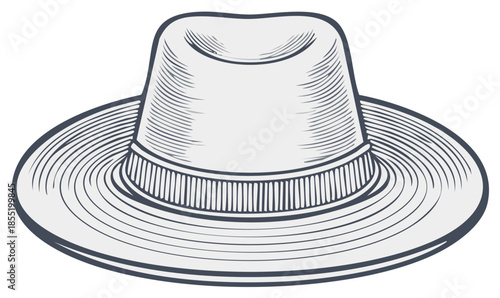Stylized Fedora Hat Illustration with Band and Detailed Engraving, Fashion Accessory, Gentleman's Vintage Headwear