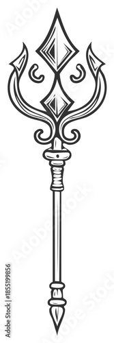 Detailed Trident Illustration with Diamond Shapes and Ornate Handle for Prints and Design