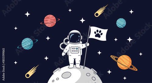 Whimsical space illustration of an astronaut standing on the moon holding a flag with a paw print amid planets and stars.