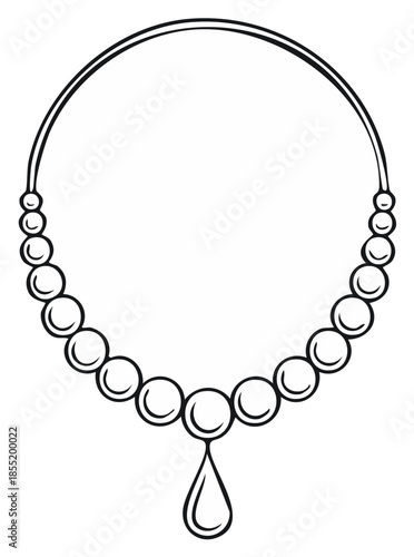 Elegant Pearl Necklace with Teardrop Pendant Hand-Drawn Outline Art