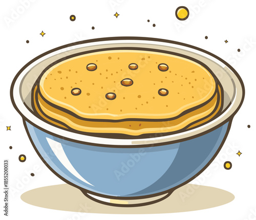 Fluffy Stack of Golden Pancakes in a Blue Bowl with Sparkle Accents