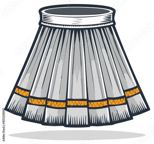 Stylized illustration of a flowing pleated skirt with decorative bands at the hem