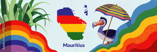 Colorful Mauritius travel illustration with dodo bird, umbrella, sugar cane and island map in national flag colors, tourism banner art