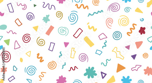Vibrant seamless pattern composed of colorful abstract geometric shapes squiggles and confetti on a white backdrop.