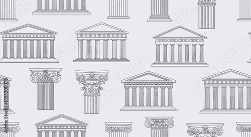 Elegant seamless pattern featuring sketches of ancient greek temples and doric columns representing classical architecture.