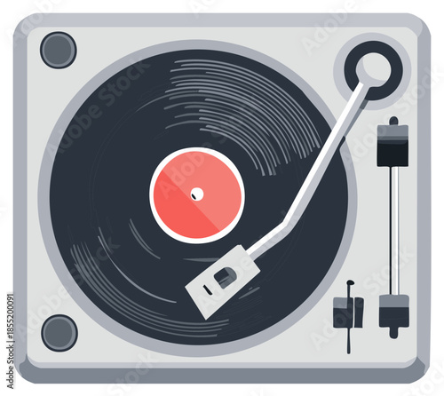 Retro turntable playing vinyl record with abstract design and warm red label