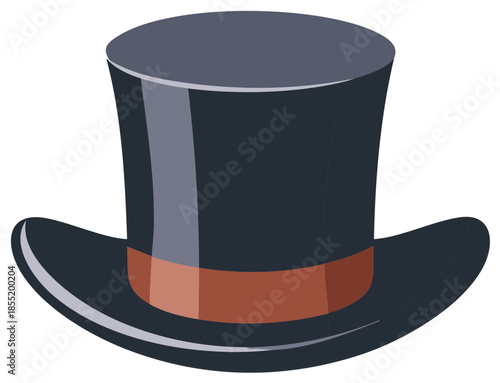 Black top hat illustration featuring a tan band with a curved brim and a tall rounded crown
