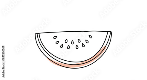 Simple line drawing of a watermelon slice featuring black seeds and a subtle pink color accent on the rind area.