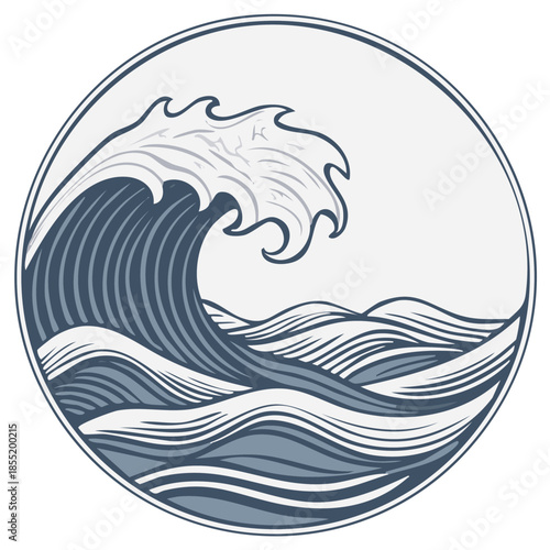 Ocean wave design in a circular frame, vintage artistic illustration of water movement