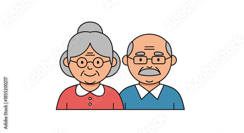 Friendly cartoon portrait of a senior couple including a grandmother and grandfather smiling in their classic attire.