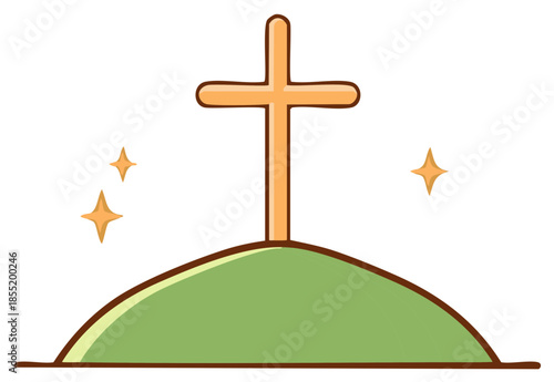 Cartoon Christian cross on a green hill with sparkling stars spiritual symbol