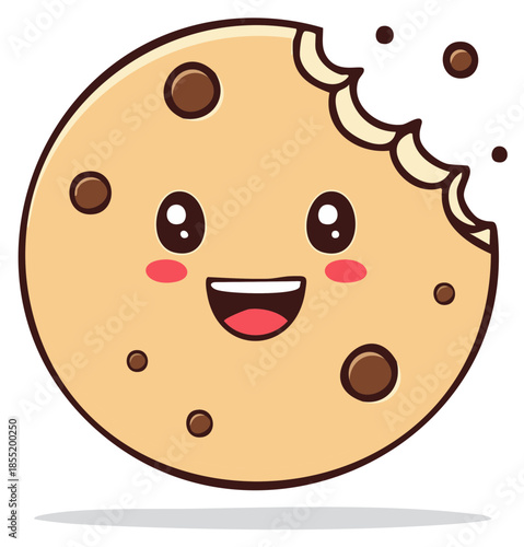 Adorable cartoon chocolate chip cookie with a happy face and a bite taken out.