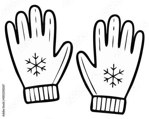 Black and white illustration of warm winter mittens with snowflakes
