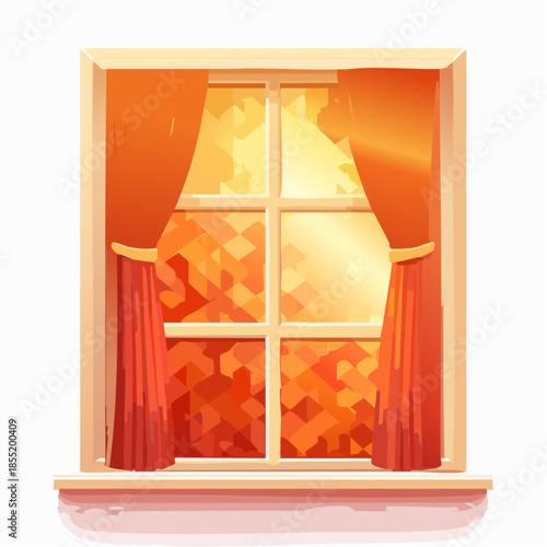 Illustration of a window with red curtains and a view of autumn leaves.
