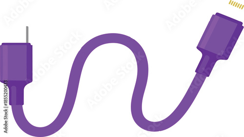 Purple U S B cable with two connectors and a yellow spark on a white background USB cable