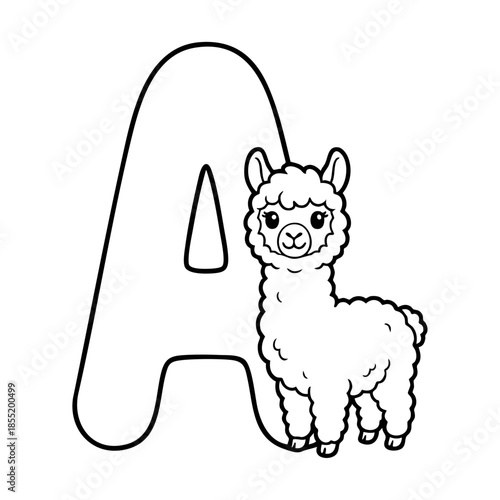 Cute Animal Alphabet Coloring Page for Kids, Black and White Line Art