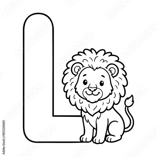 Cute Animal Alphabet Coloring Page for Kids, Black and White Line Art