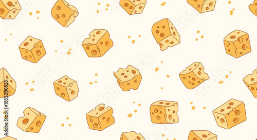 Delicious seamless pattern of yellow cheese cubes with multiple holes and tiny crumbs scattered on a light cream background.