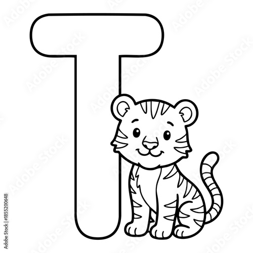 Cute Animal Alphabet Coloring Page for Kids, Black and White Line Art