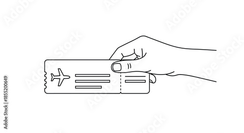 Simple line art drawing of a human hand holding a boarding pass or airplane ticket for travel and vacation planning themes.