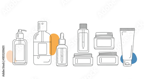 Outline drawing of various skincare and beauty product containers with abstract color spots for a modern aesthetic branding.