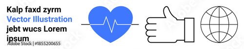Global health, connectivity, positive feedback, diagnostics, community wellness, international collaboration. Blue heart with heartbeat line, thumbs-up icon and globe symbol. Global health