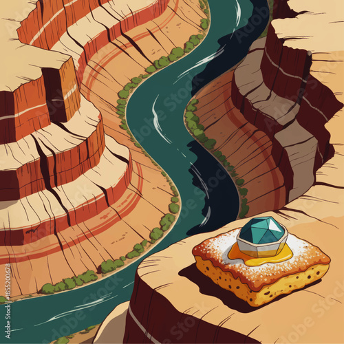 Surreal canyon river landscape with floating dessert pastry and blue crystal gem, whimsical cartoon adventure background illustration