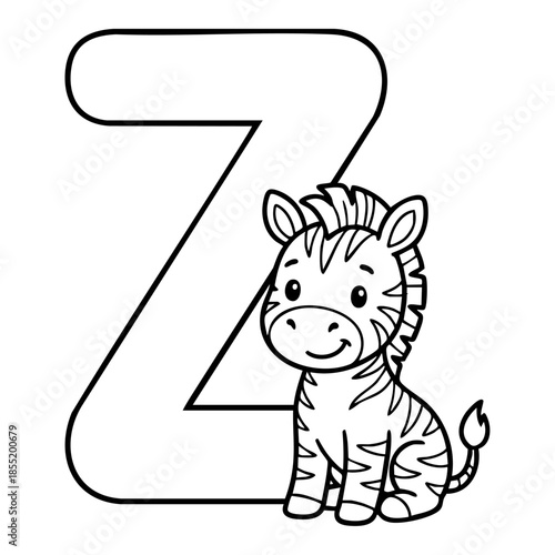 Cute Animal Alphabet Coloring Page for Kids, Black and White Line Art
