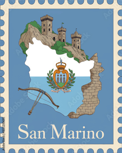 Vintage postage stamp illustration of San Marino flag with coat of arms, Three Towers fortress, crossbow and rocky mountain landscape