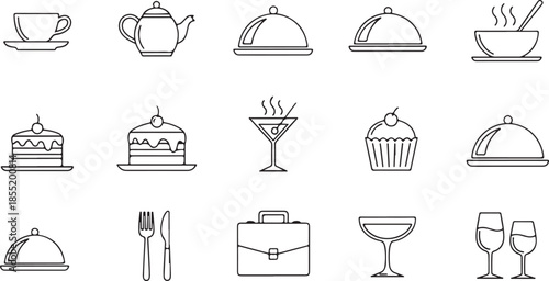 Set of black and white line featuring food and dining utensils line food dining utensils