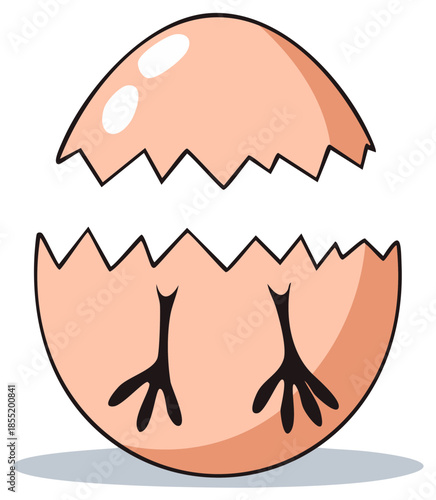 Cartoon eggshell with chick legs, representing concept of birth, hatching, and new beginnings.