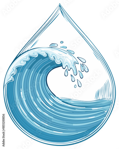 Powerful ocean wave breaking inside a clean blue water droplet illustration