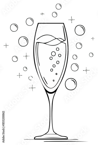 Sparkling Champagne Flute Line Art Illustration with Bubbles and Stars