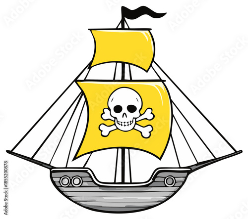 Pirate Ship with Jolly Roger Flag Illustration Sailing on the Sea