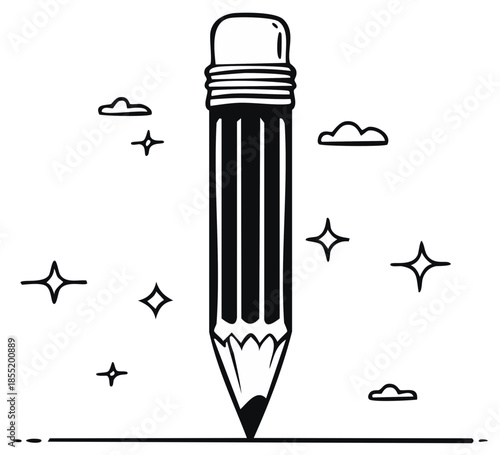 Creative hand drawn pencil sketching a line surrounded by stars and clouds doodle art illustration