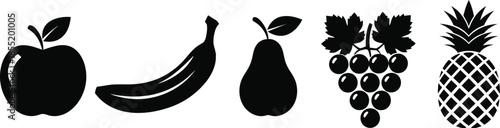 Five different fruits including an apple, banana, pear, grapes, and pineapple on a white