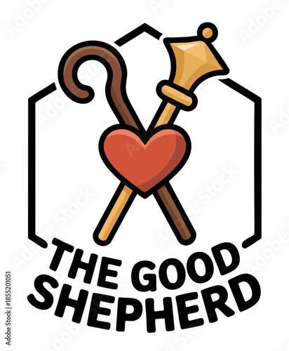 The Good Shepherd logo with heart, shepherd staff and king scepter, modern Christian church emblem, pastoral ministry icon design