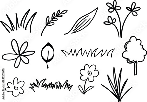 Hand-Drawn style Vector Nature Doodles Set with Flowers, Grass, Leaves, and Tree Sketches in Black Line Art.