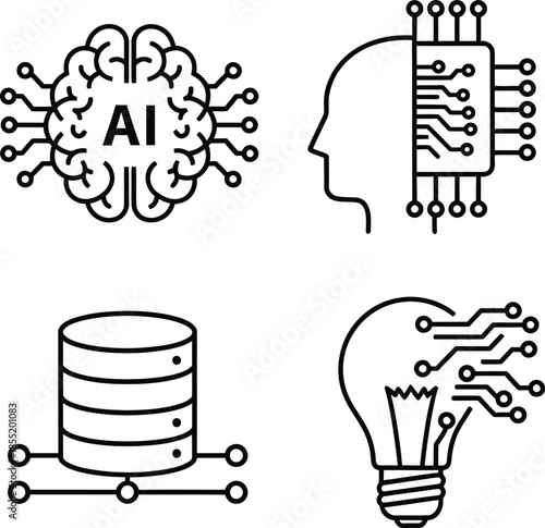 Four black and white representing artificial intelligence and technology concepts in a