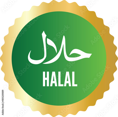 Premium Halal Certified Seal. Vector Arabic Calligraphy on Green and Gold Circular Badge for Food Quality Assurance.