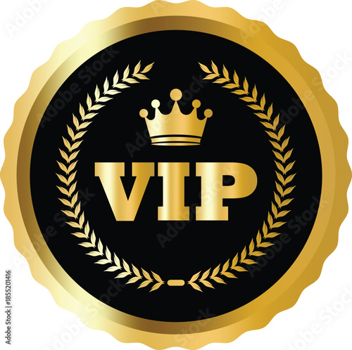 Elegant Vector Golden VIP Membership Badge with Royal Crown and Laurel Wreath Emblem on Black Circular Seal.