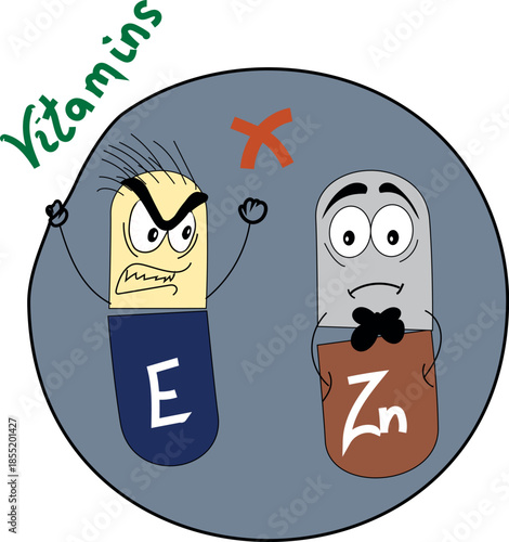 Vector illustration with two capsules showing zinc and vitamin E as incompatible nutrients 
