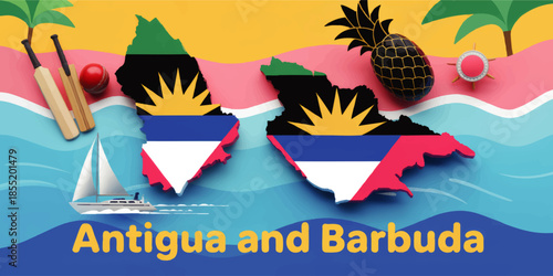 Antigua and Barbuda travel illustration with flag map, tropical beach, cricket, pineapple and sailing boat Caribbean tourism design