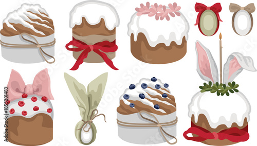 Hand-drawn Easter illustrations set of Easter cakes with different decor and dyed eggs, spring holiday collection