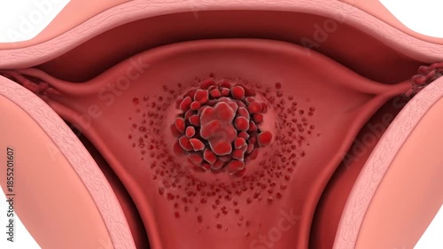 Illustration of uterine fibroids, also known as leiomyomas, a benign tumor in the uterus.